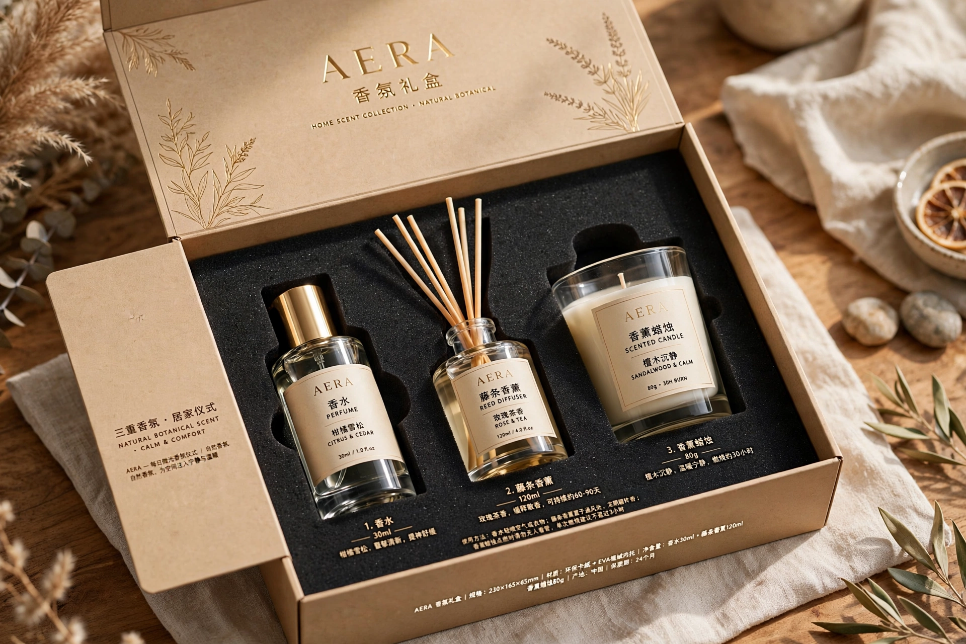 AERA 香氛礼盒 45 度开箱 3D 渲染：香水、藤条香薰与香薰蜡烛固定在 EVA 植绒内托槽位中